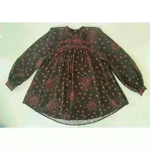 Free People XS Smocked Tunic Mini Dress Black Floral Boho WhimsyGoth Babydoll - Picture 6 of 15